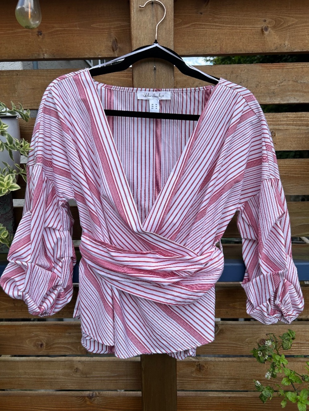 Urban Heritage Red & White Striped Wrap Blouse Ruched Sleeves M